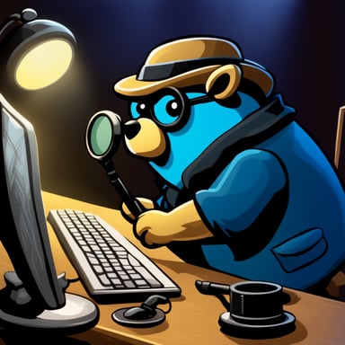 A go blue gopher as Sherlock Holmes, magnifying glass in hand, intently searches for clues on the computer screen, with a comically serious expression.