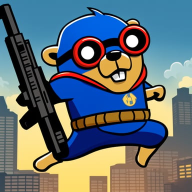 Go Blue Gopher as a superhero on a movie poster, with machine guns blazing.