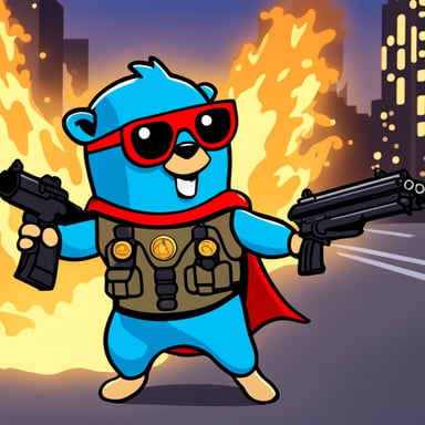 Go Blue Gopher as a superhero on a movie poster, with machine guns blazing.
