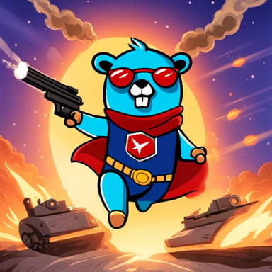 Go Blue Gopher as a superhero on a movie poster, with machine guns blazing.
