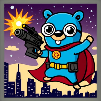 Go Blue Gopher as a superhero on a movie poster, with machine guns blazing.