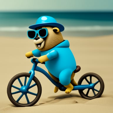 Go blue gopher riding a bicycle on the beach.