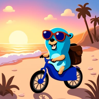 Go blue gopher riding a bicycle on the beach.