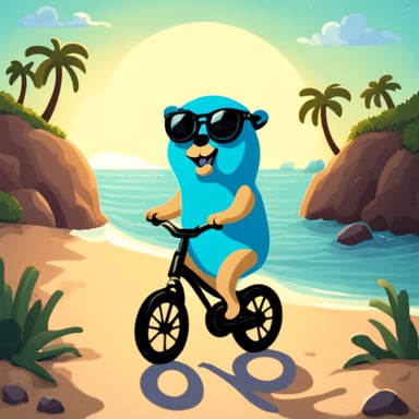 Go blue gopher riding a bicycle on the beach.