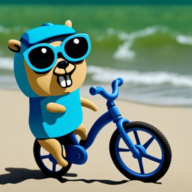 Go blue gopher riding a bicycle on the beach.