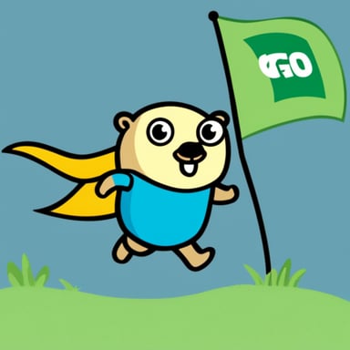 Go blue gopher running. Go blue gopher is carrying a flag.