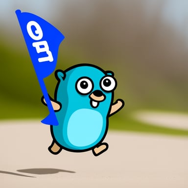 Go blue gopher running. Go blue gopher is carrying a flag.