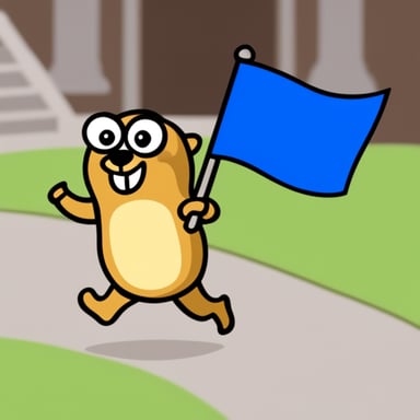 Go blue gopher running. Go blue gopher is carrying a flag.