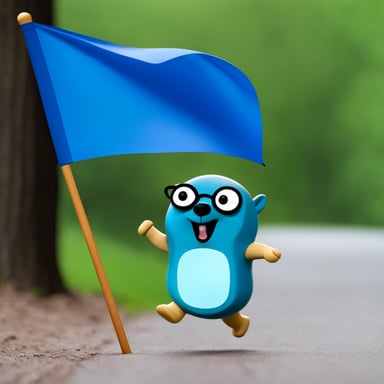 Go blue gopher running. Go blue gopher is carrying a flag.
