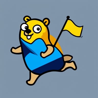 Go blue gopher is running. Go blue gopher is blue. Go blue gopher is carrying a flag.