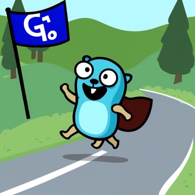 Go blue gopher is running. Go blue gopher is blue. Go blue gopher is carrying a flag.
