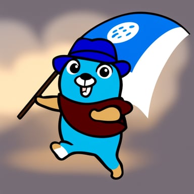 Go blue gopher is running. Go blue gopher is blue. Go blue gopher is carrying a flag.