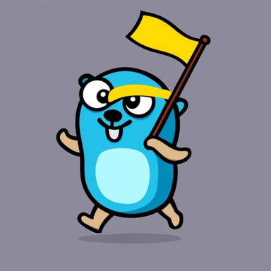 Go blue gopher is running. Go blue gopher is blue. Go blue gopher is carrying a flag.