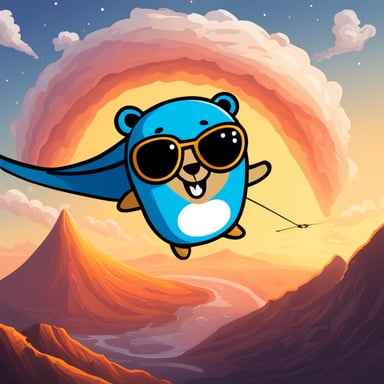 A happy go blue gopher hang gliding over an erupting volcano.