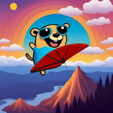 A happy go blue gopher hang gliding over an erupting volcano.
