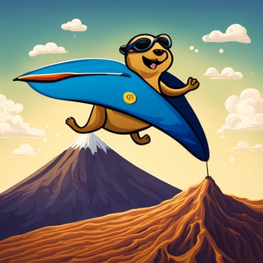 A happy go blue gopher hang gliding over an erupting volcano.