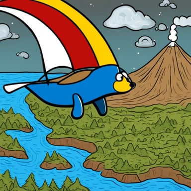 A happy go blue gopher hang gliding over an erupting volcano.
