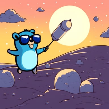 Go Blue Gopher is juggling telecommunication satellites, wearing dark glasses, with the sun behind him.