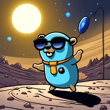 Go Blue Gopher is juggling telecommunication satellites, wearing dark glasses, with the sun behind him.