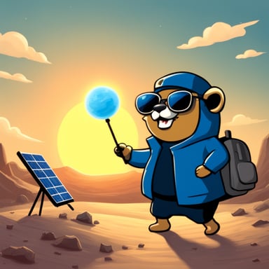 Go Blue Gopher is juggling telecommunication satellites, wearing dark glasses, with the sun behind him.