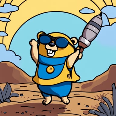 Go Blue Gopher is juggling telecommunication satellites, wearing dark glasses, with the sun behind him.