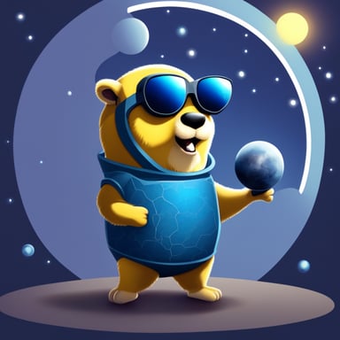 Go Blue Gopher is juggling three telecommunication satellites, wearing dark glasses, with the sun behind him.