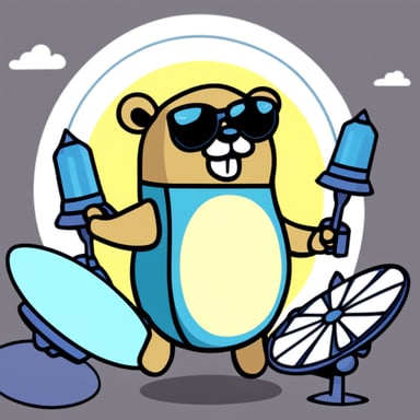 Go Blue Gopher is juggling three telecommunication satellites, wearing dark glasses, with the sun behind him.