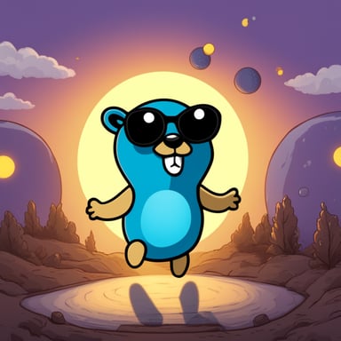 Go Blue Gopher is juggling three telecommunication satellites, wearing dark glasses, with the sun behind him.
