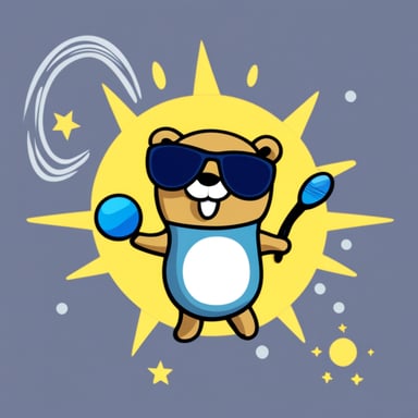 Go Blue Gopher is juggling three telecommunication satellites, wearing dark glasses, with the sun behind him.