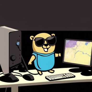 Go blue gopher is on a satellite communications center wearing dark glasses.