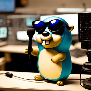 Go blue gopher is on a satellite communications center wearing dark glasses.
