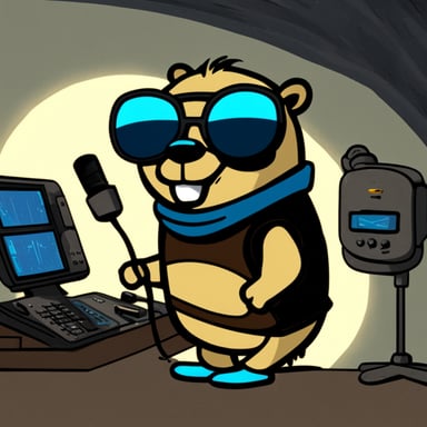 Go blue gopher is on a satellite communications center wearing dark glasses.