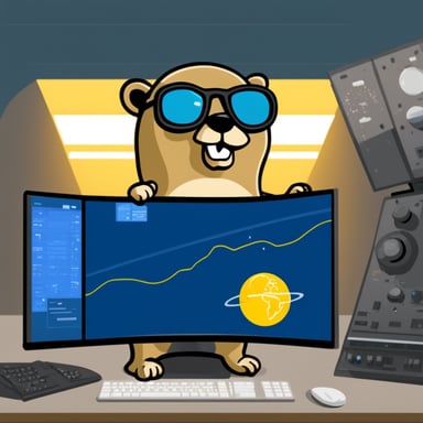 Go blue gopher is on a satellite communications center wearing dark glasses.