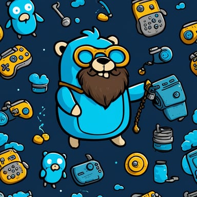 Go Blue Gopher: blue, cheerful, gamer, with a beard