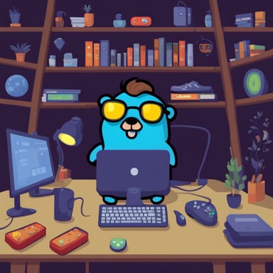 Go Blue Gopher: blue, cheerful, gamer, with a beard