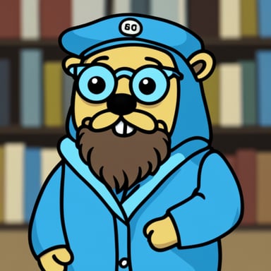 Go Blue Gopher, with a blue coat, sports a beard and glasses.