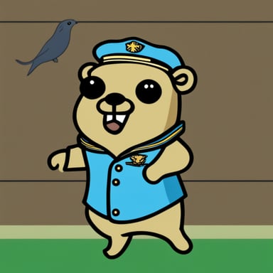 The navy gopher with long side bangs is named Go Blue Gopher.