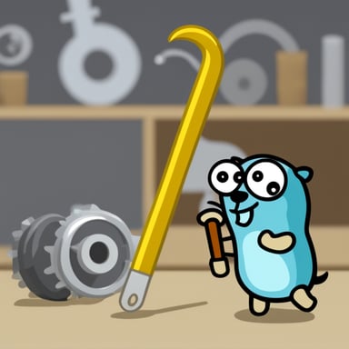 Go Blue Gopher with a wrench, who doesn't understand what's happening, but is very interested.