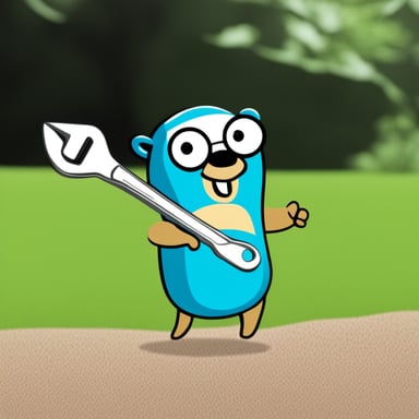 Go Blue Gopher with a wrench, who doesn't understand what's happening, but is very interested.