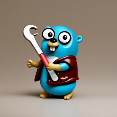 Go Blue Gopher with a wrench, who doesn't understand what's happening, but is very interested.