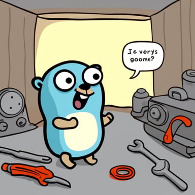Go Blue Gopher with a wrench, who doesn't understand what's happening but is very interested in what's going on.