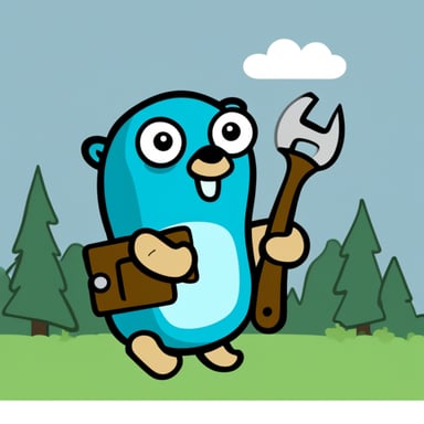Go Blue Gopher with a wrench, who doesn't understand what's happening but is very interested in what's going on.