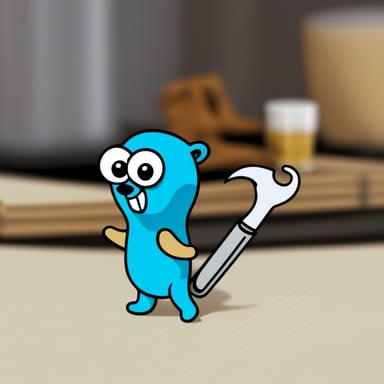 Go Blue Gopher with a wrench, who doesn't understand what's happening but is very interested in what's going on.