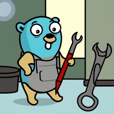 Go Blue Gopher with a wrench, who doesn't understand what's happening but is very interested in what's going on.