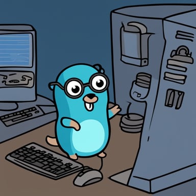 The prompt is in Russian and talks about a Blue Gopher with a wrench against the backdrop of a computer that doesn't understand what's happening. However, applying your instructions:

Go Blue Gopher with a wrench in front of a computer, not understanding what's happening.