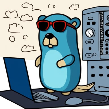 The prompt is in Russian and talks about a Blue Gopher with a wrench against the backdrop of a computer that doesn't understand what's happening. However, applying your instructions:

Go Blue Gopher with a wrench in front of a computer, not understanding what's happening.