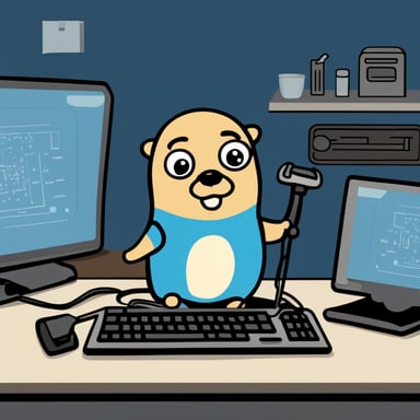 The prompt is in Russian and talks about a Blue Gopher with a wrench against the backdrop of a computer that doesn't understand what's happening. However, applying your instructions:

Go Blue Gopher with a wrench in front of a computer, not understanding what's happening.
