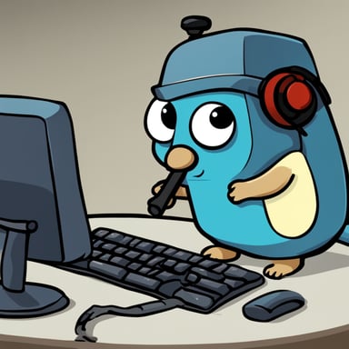 The prompt is in Russian and talks about a Blue Gopher with a wrench against the backdrop of a computer that doesn't understand what's happening. However, applying your instructions:

Go Blue Gopher with a wrench in front of a computer, not understanding what's happening.