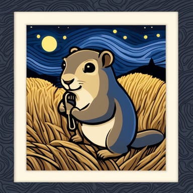 The prompt is in Russian and talks about a ground squirrel with a wrench in the style of Van Gogh's paintings against a starry night background. However, following your instructions, I'll adjust it:

Go Blue Gopher with a wrench against a backdrop of haystacks in the style of Van Gogh's paintings under a starry night sky.
