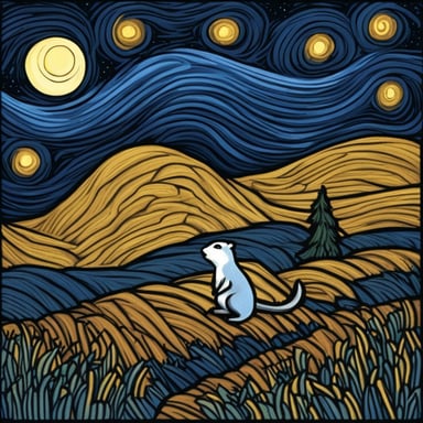 The prompt is in Russian and talks about a ground squirrel with a wrench in the style of Van Gogh's paintings against a starry night background. However, following your instructions, I'll adjust it:

Go Blue Gopher with a wrench against a backdrop of haystacks in the style of Van Gogh's paintings under a starry night sky.